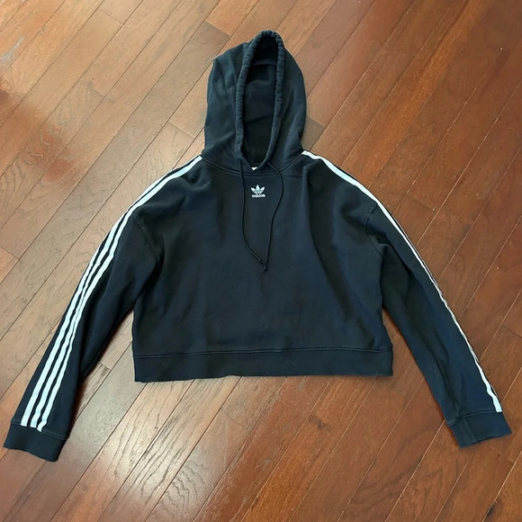 Adidas Originals Cropped Hoodie Sweatshirt in Black 3 Stripe Womens Size M - Picture 3 of 10